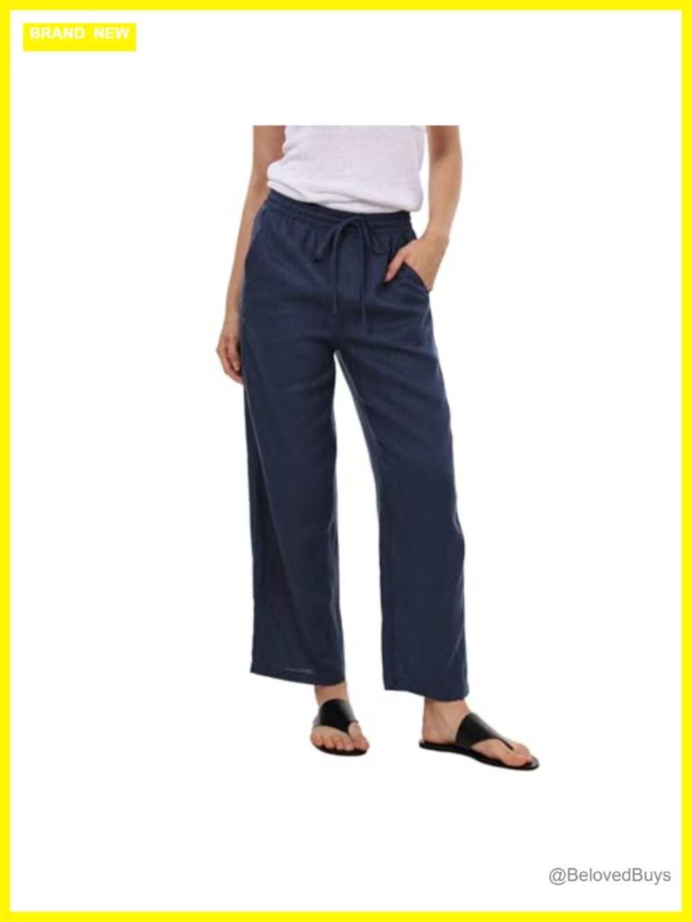 Womens 100% Linen Wide Leg Elastic Waist High Rise Pants